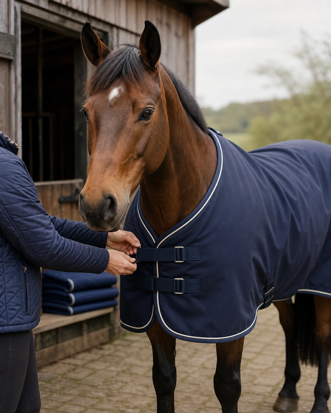 Handler fastening a freshly laundered navy turnout rug on a horse outside a stable