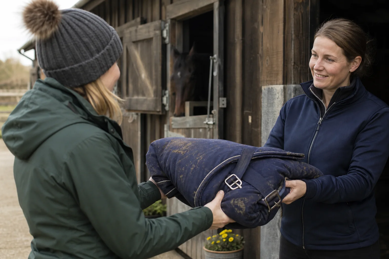 A horse owner handing a muddy turnout rug to an equine laundry operator at a stable yard