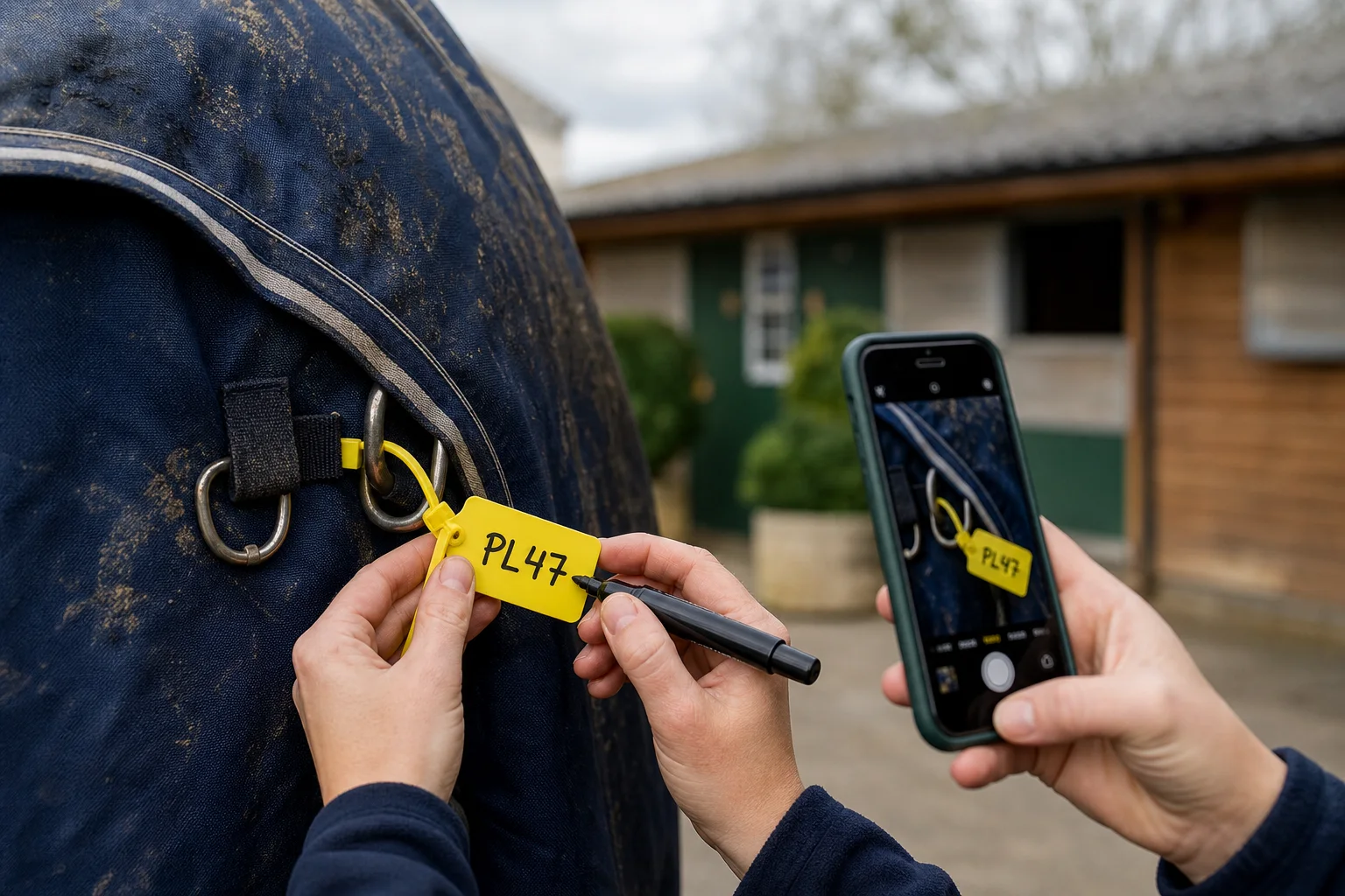 A bright yellow name tag being fixed to a horse rug and photographed at collection